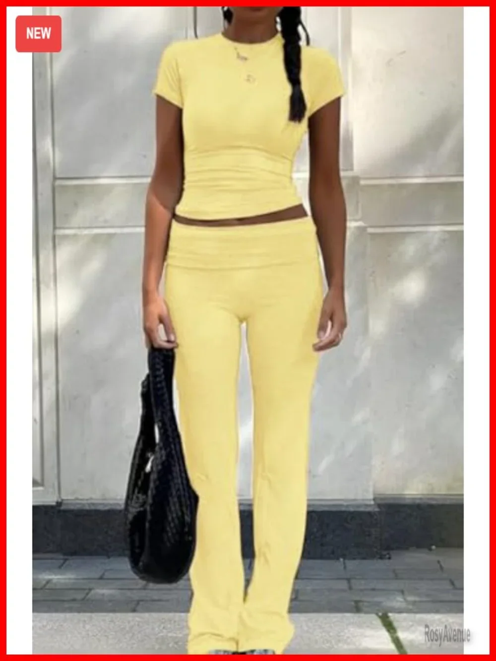 2 Piece Lounge Set - Crop Top & Foldover Flare Pants Pajama Outfit